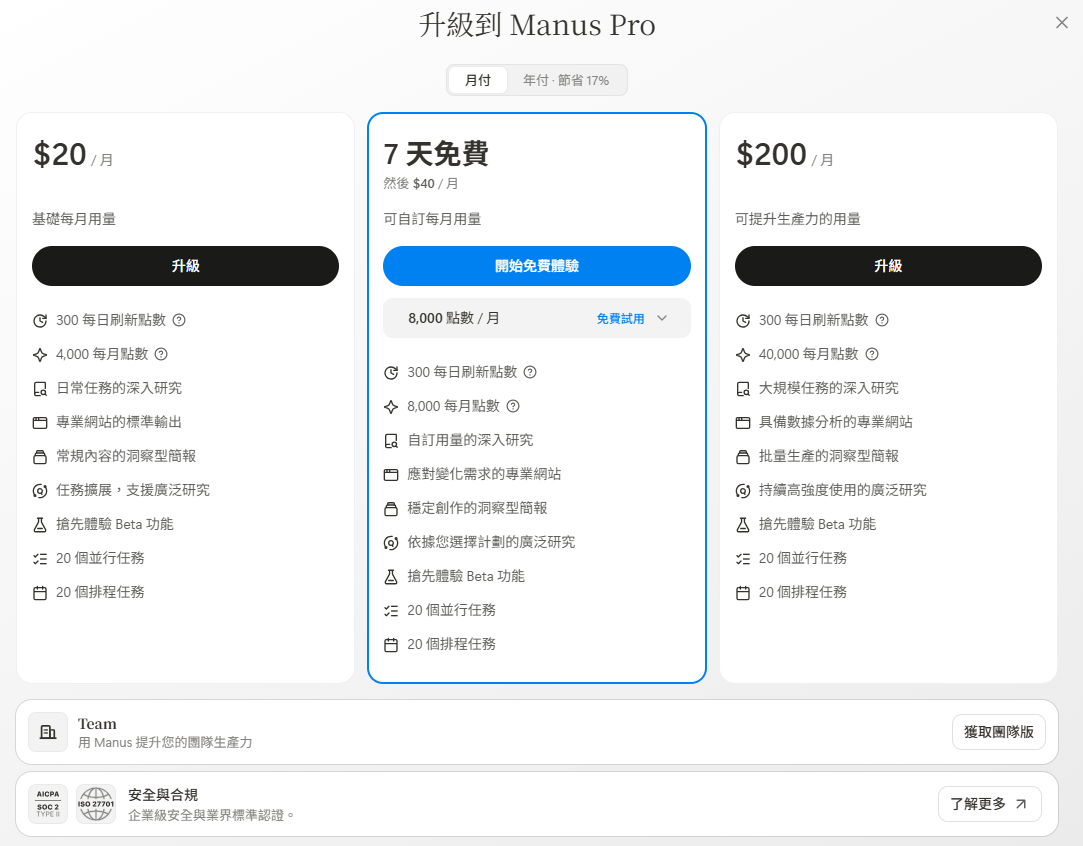 Manus AI 訂閱方案比較表