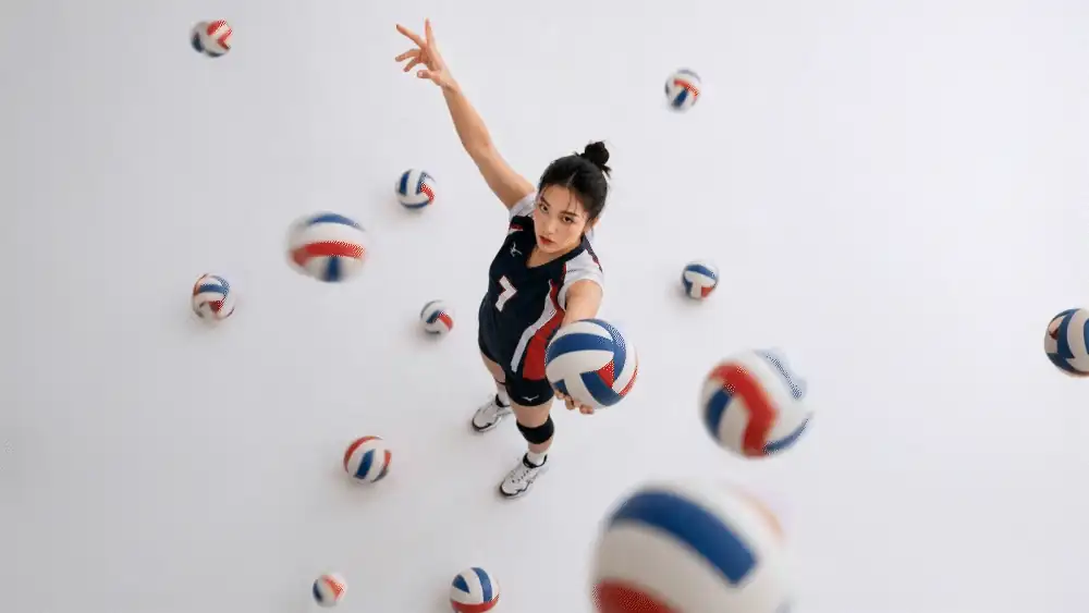 08-Kling AI 生成的影片，示範排球選手與數顆排球同框旋轉飛散的高擬真動作