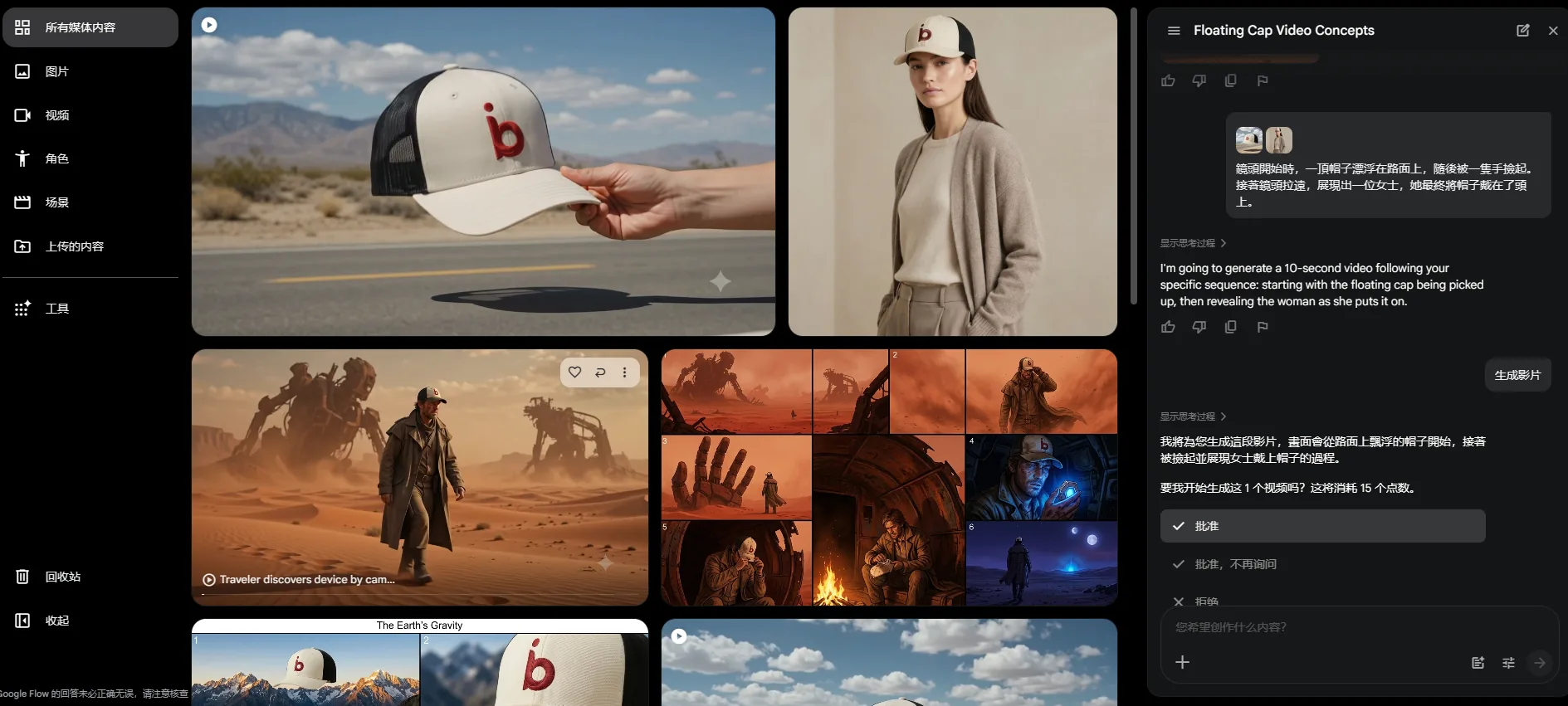 Google Flow 創作介面，愛貝斯帽子產品影片概念與多組 AI 生成素材