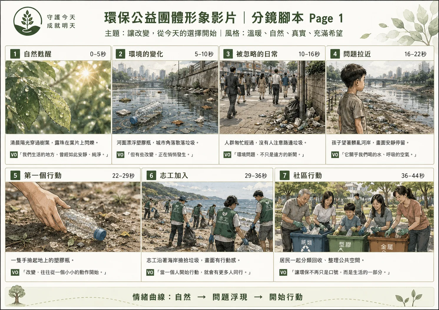 環保公益團體形象影片分鏡腳本 Page 1，自然甦醒到社區行動的 7 格分鏡與旁白