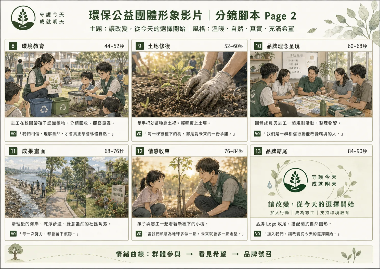 環保公益團體形象影片分鏡腳本 Page 2，環境教育到品牌號召的分鏡與旁白