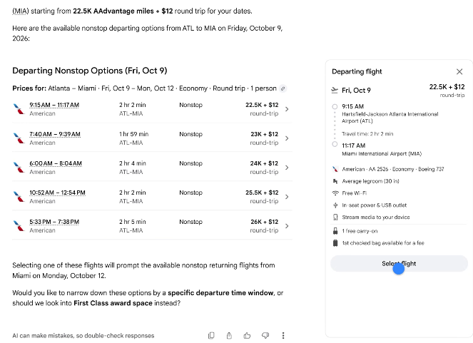 Google AI 模式查詢與比較航班所需哩程點數